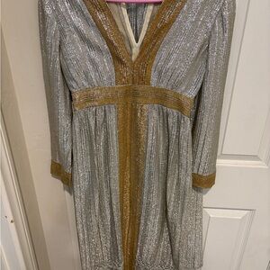 Vintage Silver and Gold Metallic V-Neck Pantsuit